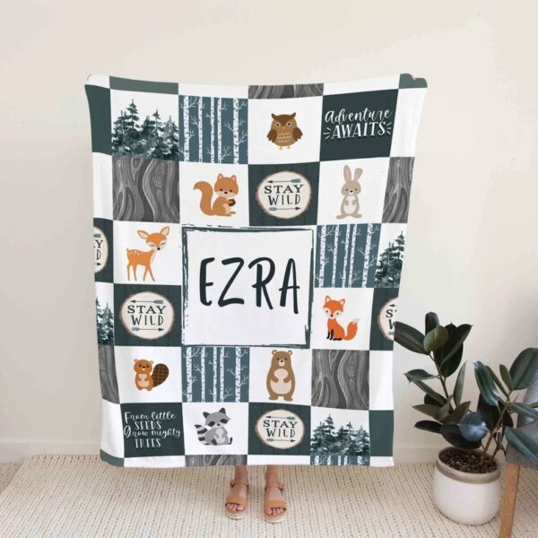 Custom Name Woodland Animal Nursery Quilt Blanket - Newborn, Deer, Fox, Bear, Owl, Rabbit or Perfect for Bedroom Decor