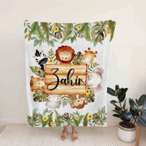 Custom Name Woodland Safari Baby Quilt - Lion, Elephant, Giraffe, Monkey or Great Gifts for Family