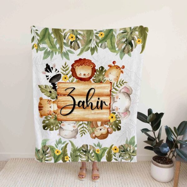 Custom Name Woodland Safari Baby Quilt - Lion, Elephant, Giraffe, Monkey or Great Gifts for Family