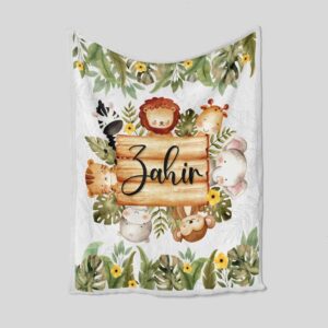Custom Name Woodland Safari Baby Quilt - Lion, Elephant, Giraffe, Monkey or Great Gifts for Family