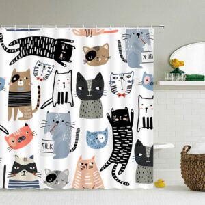 Cute Cat Shower Curtain, Cats Pet Animal Fabric Japanese Design For Cat Lovers And Cat Mom