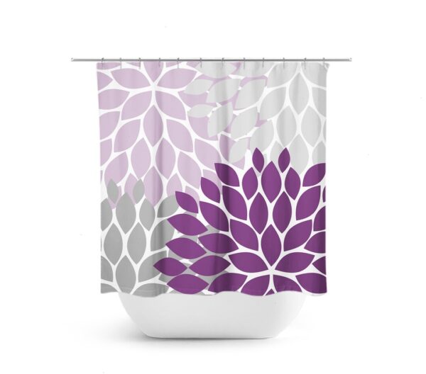 Cute Purple Shower Curtain For Girls Bathroom Decor, Extra Long Fun Floral Bath Curtain For Purple And Gray Modern Bathroom