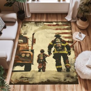 Dad Fire Fighter and Son: Personalized Firefighter Rugs for a Heroic Bond, Firefighter Rugs for Living Room Bedroom, Firefighter Rectangular Rugs Full Size FR81