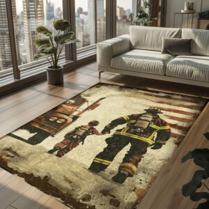 Dad Fire Fighter and Son: Personalized Firefighter Rugs for a Heroic Bond, Firefighter Rugs for Living Room Bedroom, Firefighter Rectangular Rugs Full Size FR81