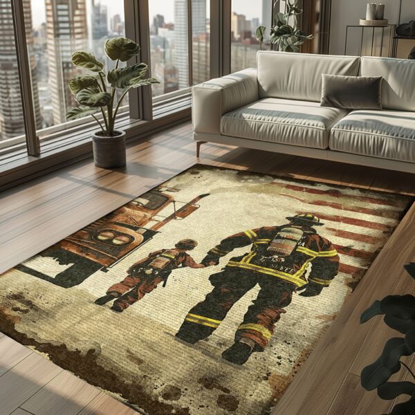 Dad Fire Fighter and Son: Personalized Firefighter Rugs for a Heroic Bond, Firefighter Rugs for Living Room Bedroom, Firefighter Rectangular Rugs Full Size FR81
