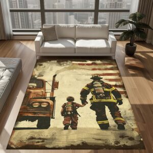 Dad Fire Fighter and Son: Personalized Firefighter Rugs for a Heroic Bond, Firefighter Rugs for Living Room Bedroom, Firefighter Rectangular Rugs Full Size FR81