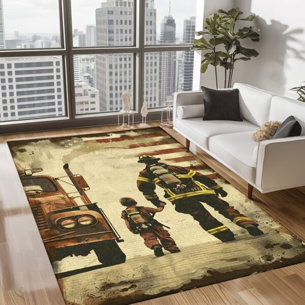 Dad Fire Fighter and Son: Personalized Firefighter Rugs for a Heroic Bond, Firefighter Rugs for Living Room Bedroom, Firefighter Rectangular Rugs Full Size FR81