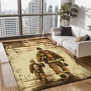 Dad Fire Fighter and Son: Symbolic Fireman Carpet for Home, Firefighter Rugs for Living Room Bedroom, Firefighter Rectangular Rugs Full Size FR84