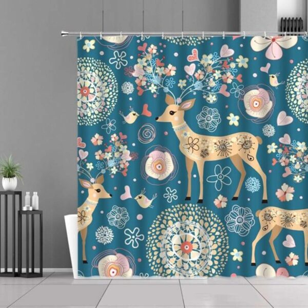 Deer In The Forest Shower Curtain, Blue Floral Birds Flowers Cute Animal, Fabric Bath Curtain, Home Decor Accessories