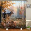 Deer In The Forest Shower Curtain, Wildlife Jungle Animal Trees Autumn Leaves Flowers, Fabric Bath Curtain Home Decor