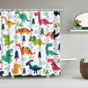 Dinosaur T-Rex Shower Curtain, Colorful Cute Fun Dino Fabric Bathroom Curtain, Kids Children Bathroom Themed