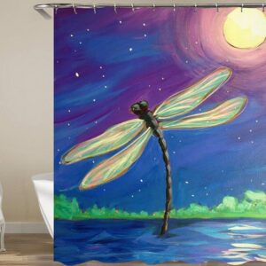 Dragonfly In Blue Hour Shower Curtain, Insect Evening Full Moon Dark Night, Home Bath Decor