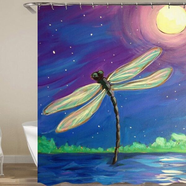 Dragonfly In Blue Hour Shower Curtain, Insect Evening Full Moon Dark Night, Home Bath Decor
