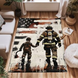 Dynamic Dad Firefighter and Son Personalized Rug: Symbolize Family and Heroism, Firefighter Rugs for Living Room Bedroom, Firefighter Rectangular Rugs Full Size FR71