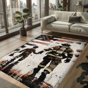Dynamic Dad Firefighter and Son Personalized Rug: Symbolize Family and Heroism, Firefighter Rugs for Living Room Bedroom, Firefighter Rectangular Rugs Full Size FR71