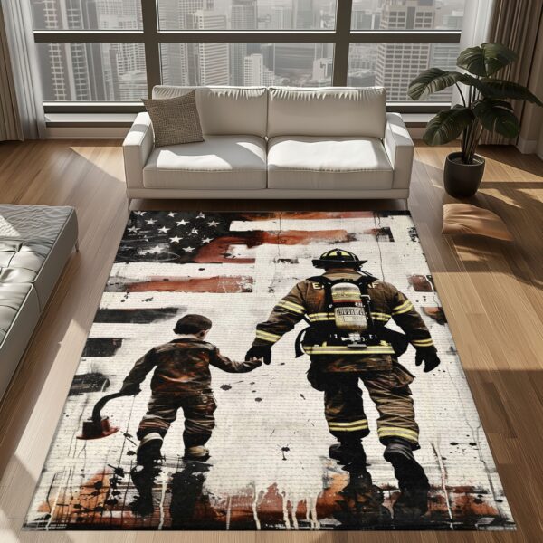 Dynamic Dad Firefighter and Son Personalized Rug: Symbolize Family and Heroism, Firefighter Rugs for Living Room Bedroom, Firefighter Rectangular Rugs Full Size FR71