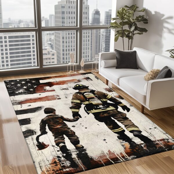 Dynamic Dad Firefighter and Son Personalized Rug: Symbolize Family and Heroism, Firefighter Rugs for Living Room Bedroom, Firefighter Rectangular Rugs Full Size FR71