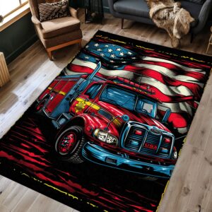 Dynamic Fire Truck in Front of the USA Flag Custom Carpet: Honor Firefighters and Country, Firefighter Rugs for Living Room Bedroom, Firefighter Rectangular Rugs Full Size FR57