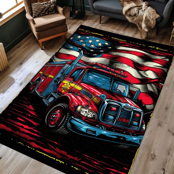 Dynamic Fire Truck in Front of the USA Flag Custom Carpet: Honor Firefighters and Country, Firefighter Rugs for Living Room Bedroom, Firefighter Rectangular Rugs Full Size FR57