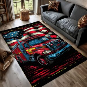 Dynamic Fire Truck in Front of the USA Flag Custom Carpet: Honor Firefighters and Country, Firefighter Rugs for Living Room Bedroom, Firefighter Rectangular Rugs Full Size FR57