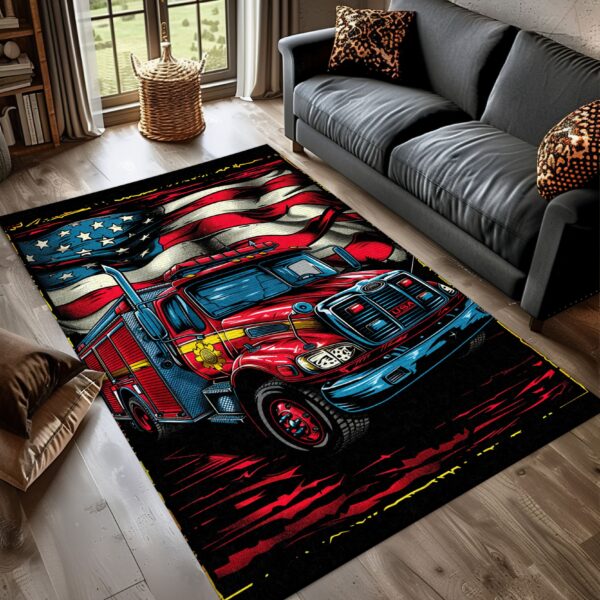 Dynamic Fire Truck in Front of the USA Flag Custom Carpet: Honor Firefighters and Country, Firefighter Rugs for Living Room Bedroom, Firefighter Rectangular Rugs Full Size FR57