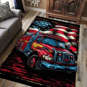 Dynamic Fire Truck in Front of the USA Flag Custom Carpet: Honor Firefighters and Country, Firefighter Rugs for Living Room Bedroom, Firefighter Rectangular Rugs Full Size FR57