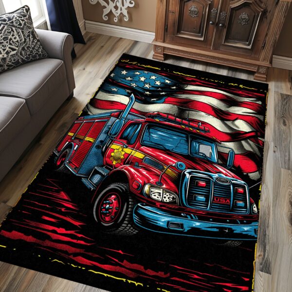 Dynamic Fire Truck in Front of the USA Flag Custom Carpet: Honor Firefighters and Country, Firefighter Rugs for Living Room Bedroom, Firefighter Rectangular Rugs Full Size FR57