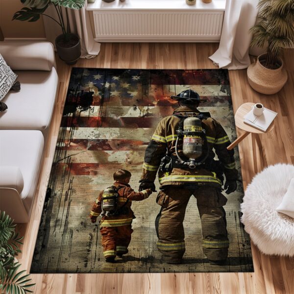 Family Legacy: Dad Fire Fighter and Son Firefighter Personalized Rug Ensemble, Firefighter Rugs for Living Room Bedroom, Firefighter Rectangular Rugs Full Size FR85