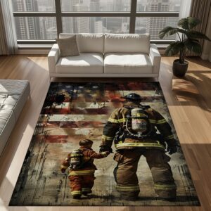 Family Legacy: Dad Fire Fighter and Son Firefighter Personalized Rug Ensemble, Firefighter Rugs for Living Room Bedroom, Firefighter Rectangular Rugs Full Size FR85