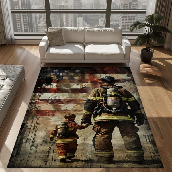 Family Legacy: Dad Fire Fighter and Son Firefighter Personalized Rug Ensemble, Firefighter Rugs for Living Room Bedroom, Firefighter Rectangular Rugs Full Size FR85