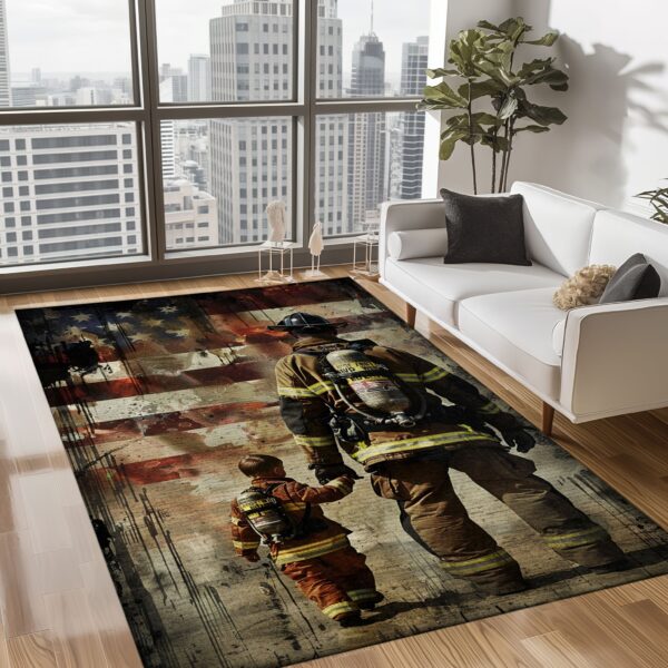 Family Legacy: Dad Fire Fighter and Son Firefighter Personalized Rug Ensemble, Firefighter Rugs for Living Room Bedroom, Firefighter Rectangular Rugs Full Size FR85