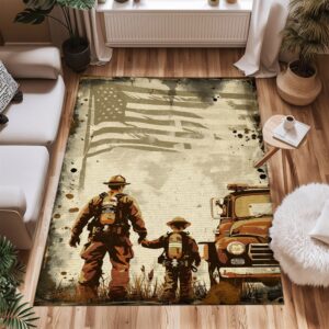 Family Pride: Dad Fire Fighter and Son Firefighter Design Personalized Rugs, Firefighter Rugs for Living Room Bedroom, Firefighter Rectangular Rugs Full Size FR94
