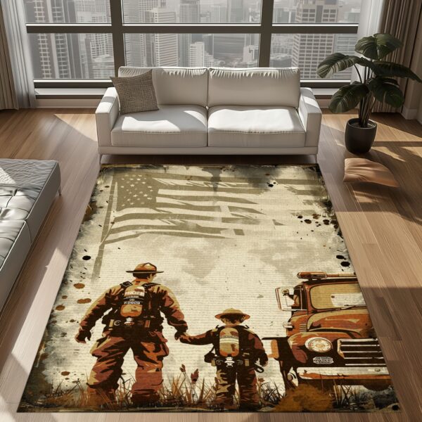 Family Pride: Dad Fire Fighter and Son Firefighter Design Personalized Rugs, Firefighter Rugs for Living Room Bedroom, Firefighter Rectangular Rugs Full Size FR94