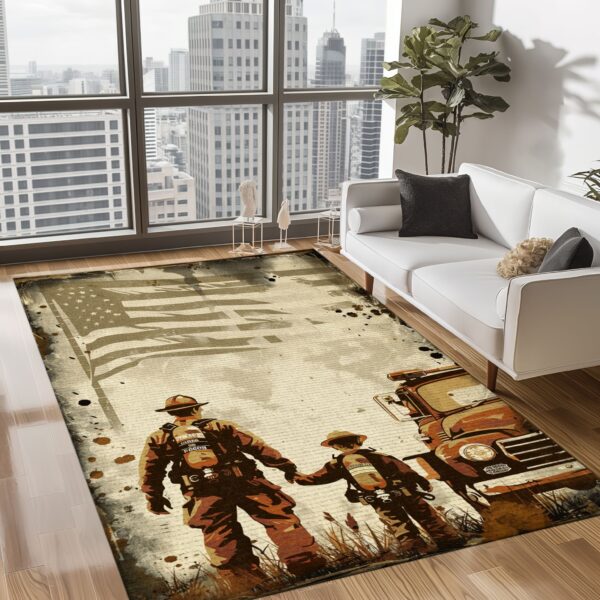 Family Pride: Dad Fire Fighter and Son Firefighter Design Personalized Rugs, Firefighter Rugs for Living Room Bedroom, Firefighter Rectangular Rugs Full Size FR94