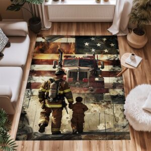 Family Pride: Personalized Firefighter Rugs for Father-Son Bonding, Firefighter Rugs for Living Room Bedroom, Firefighter Rectangular Rugs Full Size FR105
