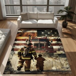 Family Pride: Personalized Firefighter Rugs for Father-Son Bonding, Firefighter Rugs for Living Room Bedroom, Firefighter Rectangular Rugs Full Size FR105