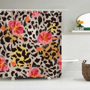 Floral Leopard Print Shower Curtain, Animal Pink Flowers Fabric Curtain Accessories
