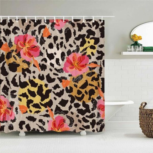 Floral Leopard Print Shower Curtain, Animal Pink Flowers Fabric Curtain Accessories