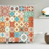 Floral Mosaic Tile Boho Shower Curtain, Bohemian Chic Geometric Blue Mandala, Fabric Bath Curtain