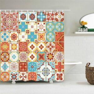 Floral Mosaic Tile Boho Shower Curtain, Bohemian Chic Geometric Blue Mandala, Fabric Bath Curtain