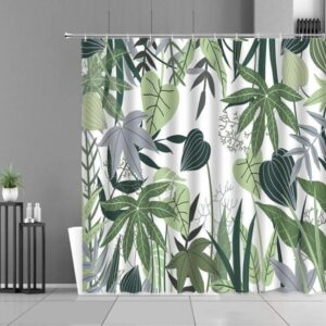 Forest Green Leaves Shower Curtain, Botanical Tropical Graphic, Fabric Bath Curtain Accessories