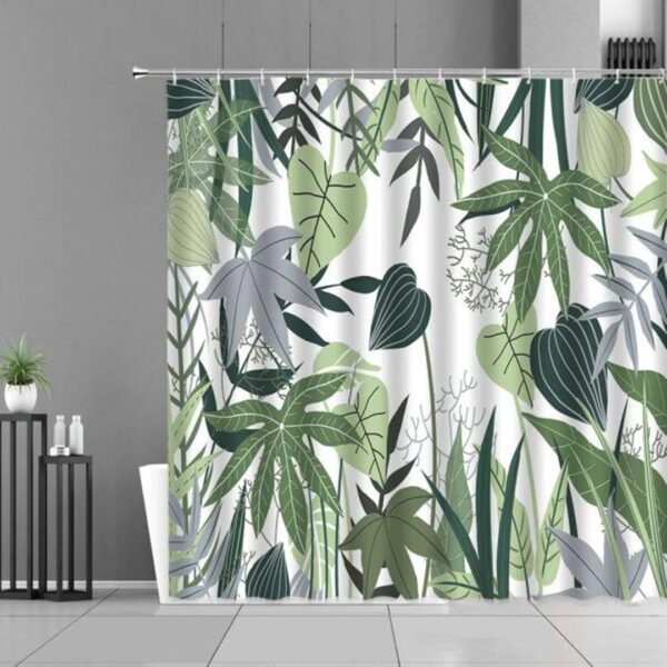 Forest Green Leaves Shower Curtain, Botanical Tropical Graphic, Fabric Bath Curtain Accessories