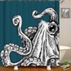 Giant Octopus Shower Curtain, Blue White Ocean Sea Coastal Marine Squid Mollusca, Bath Tub Curtain Accessories