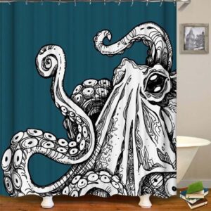 Giant Octopus Shower Curtain, Blue White Ocean Sea Coastal Marine Squid Mollusca, Bath Tub Curtain Accessories