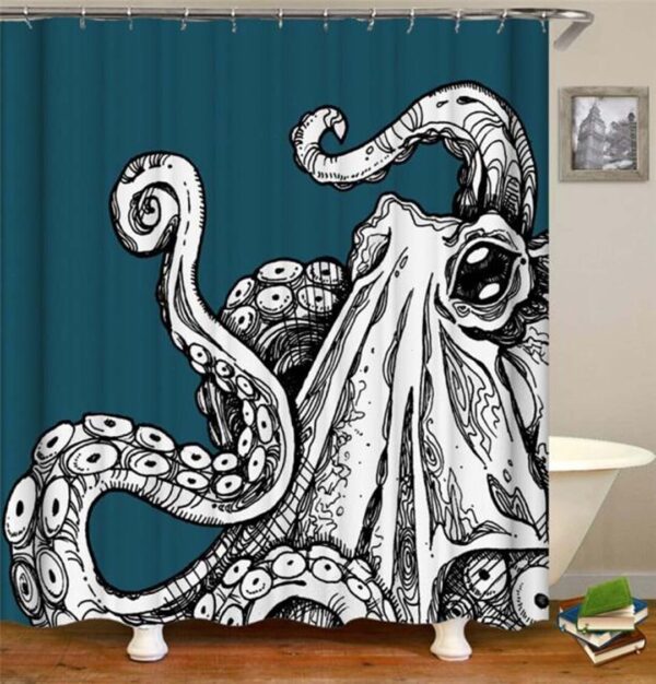 Giant Octopus Shower Curtain, Blue White Ocean Sea Coastal Marine Squid Mollusca, Bath Tub Curtain Accessories