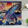 Giant Whale In The Ocean Shower Curtain, Japanese Classic Underwater World Sea Mammal Fish Home Bathroom Decor, House Gift