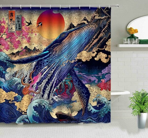 Giant Whale In The Ocean Shower Curtain, Japanese Classic Underwater World Sea Mammal Fish Home Bathroom Decor, House Gift