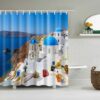 Greek Santorini Scenic Landscape Shower Curtain, Ocean Beach Greece Island Blue Fabric Bathroom Curtain, Bath Curtain