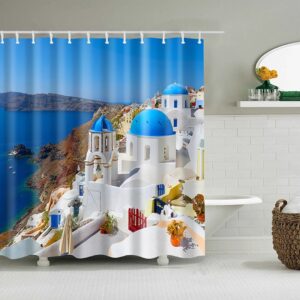 Greek Santorini Scenic Landscape Shower Curtain, Ocean Beach Greece Island Blue Fabric Bathroom Curtain, Bath Curtain