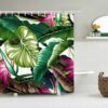 Green Banana Leaves Shower Curtain, Botanical Tropical Pink Flower Forest, Fabric Bath Curtain